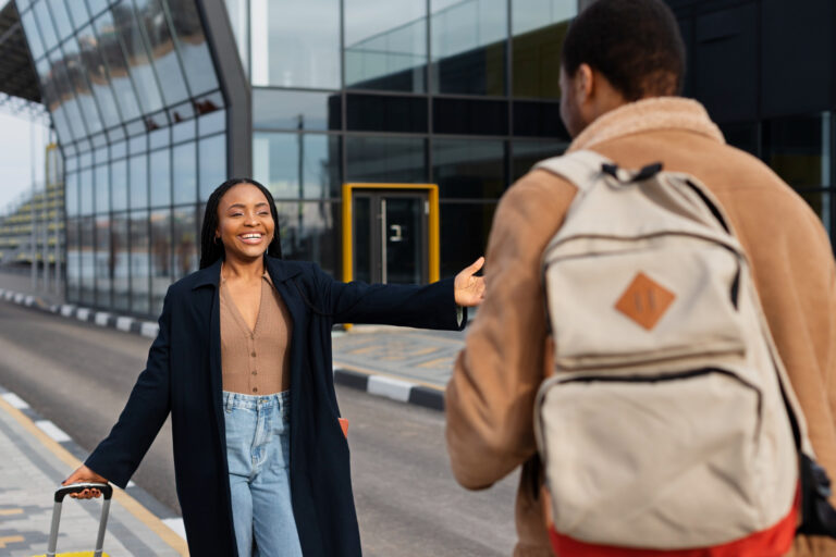 medium shot happy couple meeting